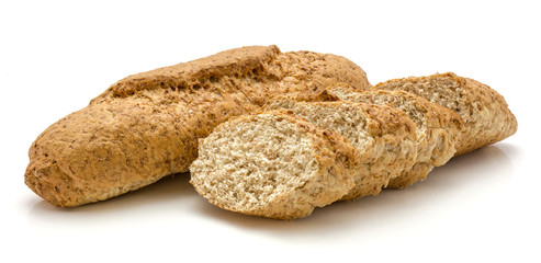 One bagel and sliced pieces of wheat bran bread isolated on white background