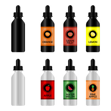 Bottle With E-liquid For Vape. Set Of Realistic Bottles Mock-up With Tastes For An Electronic Cigarette With Different Fruit Flavors. Vector Illustration.