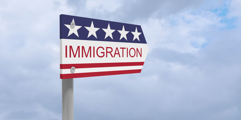 USA Politics Concept: Immigration Direction Sign With US Flag, 3d illustration isolated against cloudy sky
