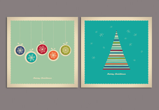 Christmas Greeting Card Set with Tree and Ornament Illustrations