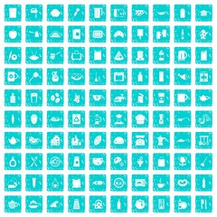 100 kitchen icons set grunge blue