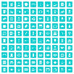 100 kitchen utensils icons set grunge blue
