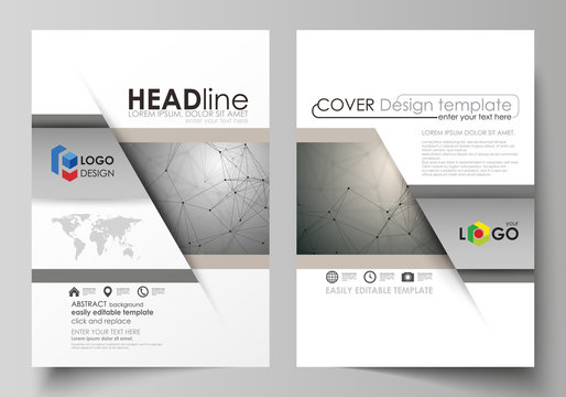 Business templates for brochure, magazine, flyer, booklet. Cover design template, flat layout in A4 size. Chemistry pattern, molecule structure on gray background. Science and technology concept.