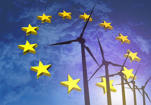 Wind turbines on the background of the flag EU Europe - Powered by Adobe
