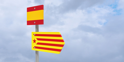 Spain Catalonia Independence Movement Concept: Catalan Estelada Flag Direction Sign, 3d illustration against cloudy sky