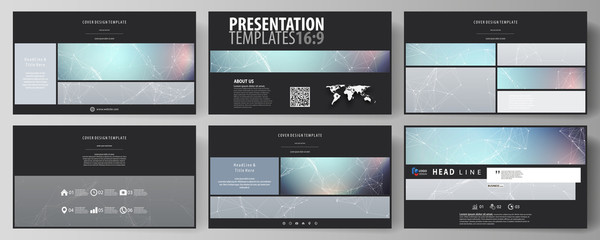 Business templates in HD format for presentation slides. Abstract vector layouts in flat design. Compounds lines and dots. Big data visualization in minimal style. Graphic communication background.