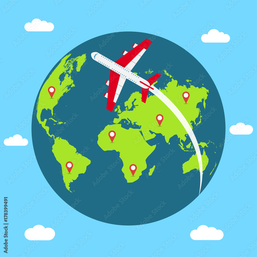 Poster traveling concept around the world. banner with earth globe, flying airplane and mapping pins. vecto