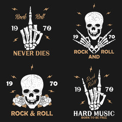 Obraz na płótnie Canvas Rock music grunge print for apparel with skeleton hand, skull and rose. Vintage rock-n-roll t-shirt graphics set. Design for typography clothes emblem collection. Vector illustration.