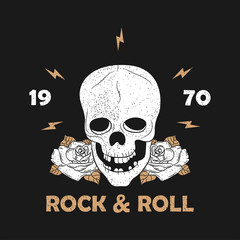 Rock music grunge print for apparel with skeleton skull and rose. Vintage rock-n-roll typography for t-shirt. Design for clothes. Vector illustration.
