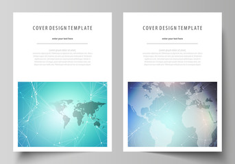The vector illustration of the editable layout of A4 format covers design templates for brochure, magazine, flyer, booklet, report. Molecule structure, connecting lines and dots. Technology concept.