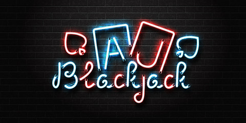 Vector realistic isolated neon sign for Blackjack lettering and playing cards for decoration and covering on the wall background. Concept of casino and gambling.
