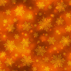 Bright golden Christmas background, seamlss pattern with snowflakes