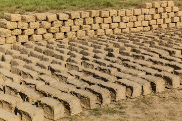 The bricks were made of clay and straw. ready bricks made of clay and straw dried on the street in...