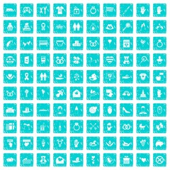 100 love icons set grunge blue