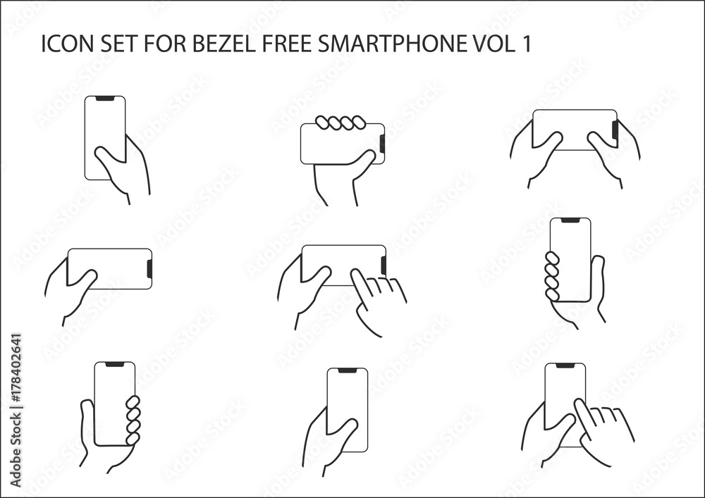Poster thin line vector icon set of different hands holding modern bezel free or frameless smartphone in di
