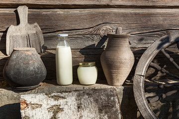 milk and sour cream Vintage interior, old country ware and utensils