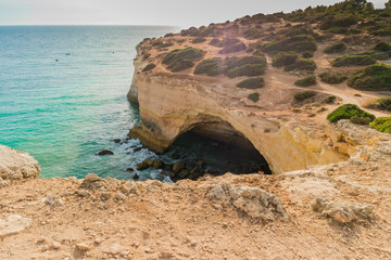 Benagil beach caves in the coastline Algarve Portugal