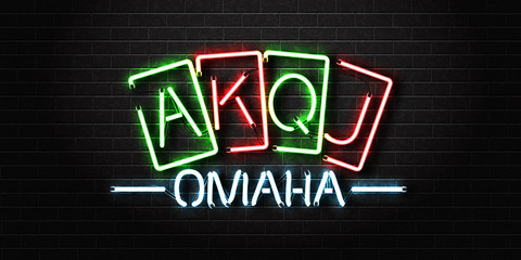 Vector realistic isolated neon sign of Omaha poker lettering for decoration and covering on the wall background. Concept of casino and gambling.