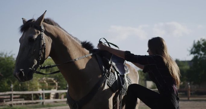 Young woman riding a horse. Animal farm manager on a stallion. Slow motion.