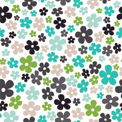 Naklejka na ściany i meble Cute blue and green flowers seamless pattern vector illustration white background