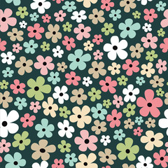 Cute colorful rainbow flowers seamless pattern vector illustration dark background