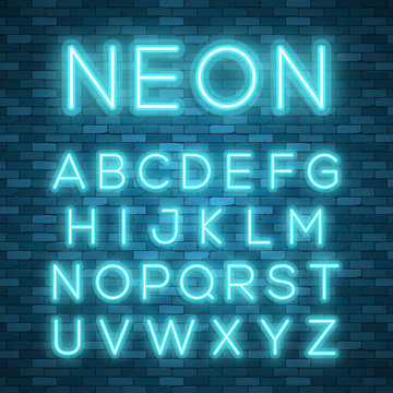 Realistic neon alphabet. Bright neon glowing font