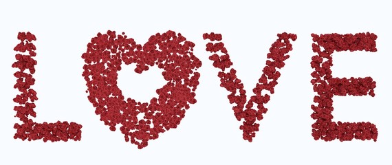 LOVE written in custom font made of many red roses. Letter O is shaped like a heart. Pure white background.