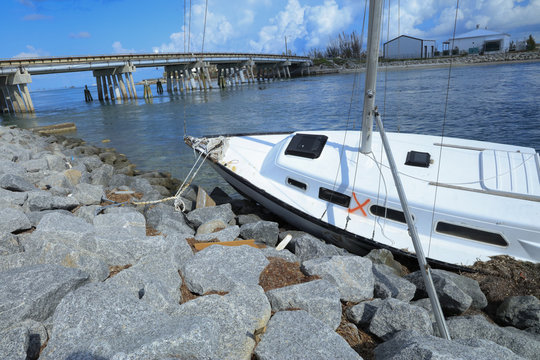 Sailboats damaged, destroyed, and washed ashore by Hurricane Irma