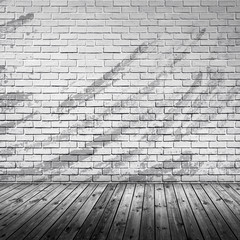 Brick room and wooden floor interior vintage with white brick wall and wood floor background.