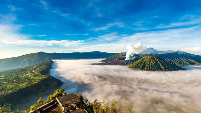 Time Lapse of Mount Bromo volcano (Gunung Bromo) during sunrise from viewpoint on Mount Penanjakan in Bromo Tengger Semeru National Park, East Java, Indonesia.