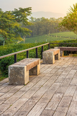 Modern seats constructed with wood log and concrete. They are on deck or patio.