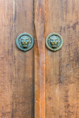 Wooden door with metal lion face ornaments. The interior decoration of vintage building.