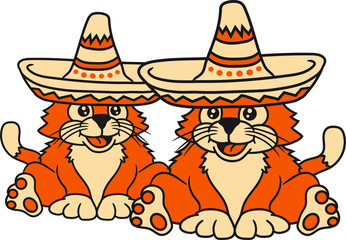 2 feunde team paar sombrero mexikaner hut südamerika sitzend dick fett grau hübsch süß niedlich katze kätzchen comic cartoon design haustier