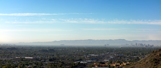 Arizona Valley of the Sun or Greater Phoenix Metro area as seen from North Mountain Park hiking trails on cool October morning; Panorama, Copyspace