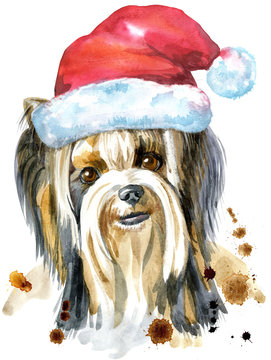 Watercolor Portrait Of Yorkshire Terrier Breed Dog with Santa hat