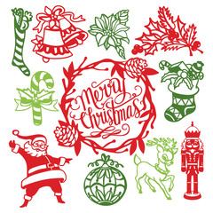 Vintage Christmas Ornaments Paper Cut Design Elements Set