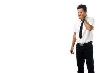 Portrait of a business man thinking with suit. Isolated on white background with copy space