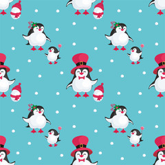 Christmas seamless pattern with the image of cute penguins. Children's vector background.