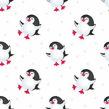 Christmas seamless pattern with the image of cute penguins. Children's vector background.
