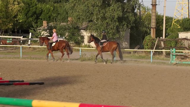 Two children in helmets are engaged in equestrian sport in the countryside. Two little girls riding horses.