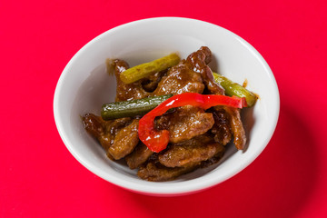 にんにくの芽の炒め物　Stir-fry of Chinese garlic and pork