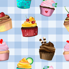 Vector and illustration of hand drawing and painting style of cute cupcakes with whipping cream decorated in seamless pattern on blue pastel color tartan, for bakery or dessert idea