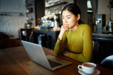 Young pensive female sitting in cafe in front of laptop and reading online information
