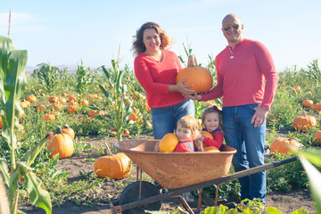 Happy family of four at farm field