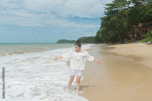 Portrait Of Beautiful Asian Sea Landscape Background Slim