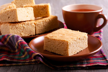 Tahini blondies, served on plate