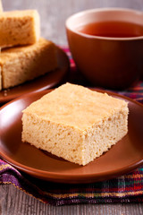Tahini blondies, served on plate