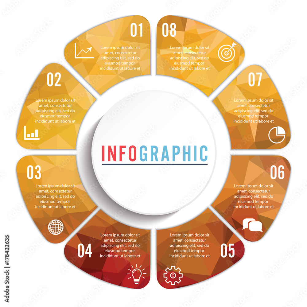 Poster vector connected polygon infographic diagram. circular chart with 8 options. paper progress steps fo