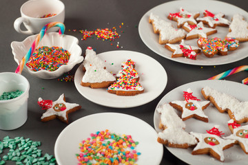 Creative Christmas cookies on the white plate, concept of new year and christmas sweets, holiday baked, food, home cooking