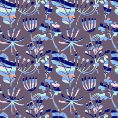 Muurstickers Hand drawn abstract blue and purple  flowers with grunge texture seamless pattern © momosama